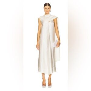 REVOLVE Cream Satin Asymmetric Midi Dress